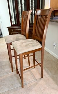 2 Matching Wood Bar Stools with Soft Suede Cushions