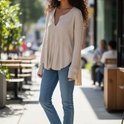 We The Free Free People Waffle Knit Tunic Top S Beige