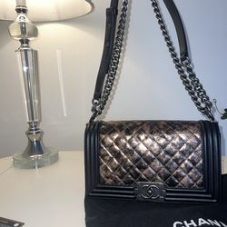 Chanel Black Metallic Copper Canvas Medium Boy Bag