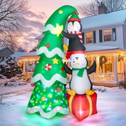 7FT Inflatable Christmas Tree Outdoor Decorations Blow up Penguins Gift Box Yard LED Lights Holiday Party Indoor Garden