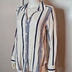 Liz Claiborne White Button-Up Shirt with Navy Vertical Stripes Size M Cotton