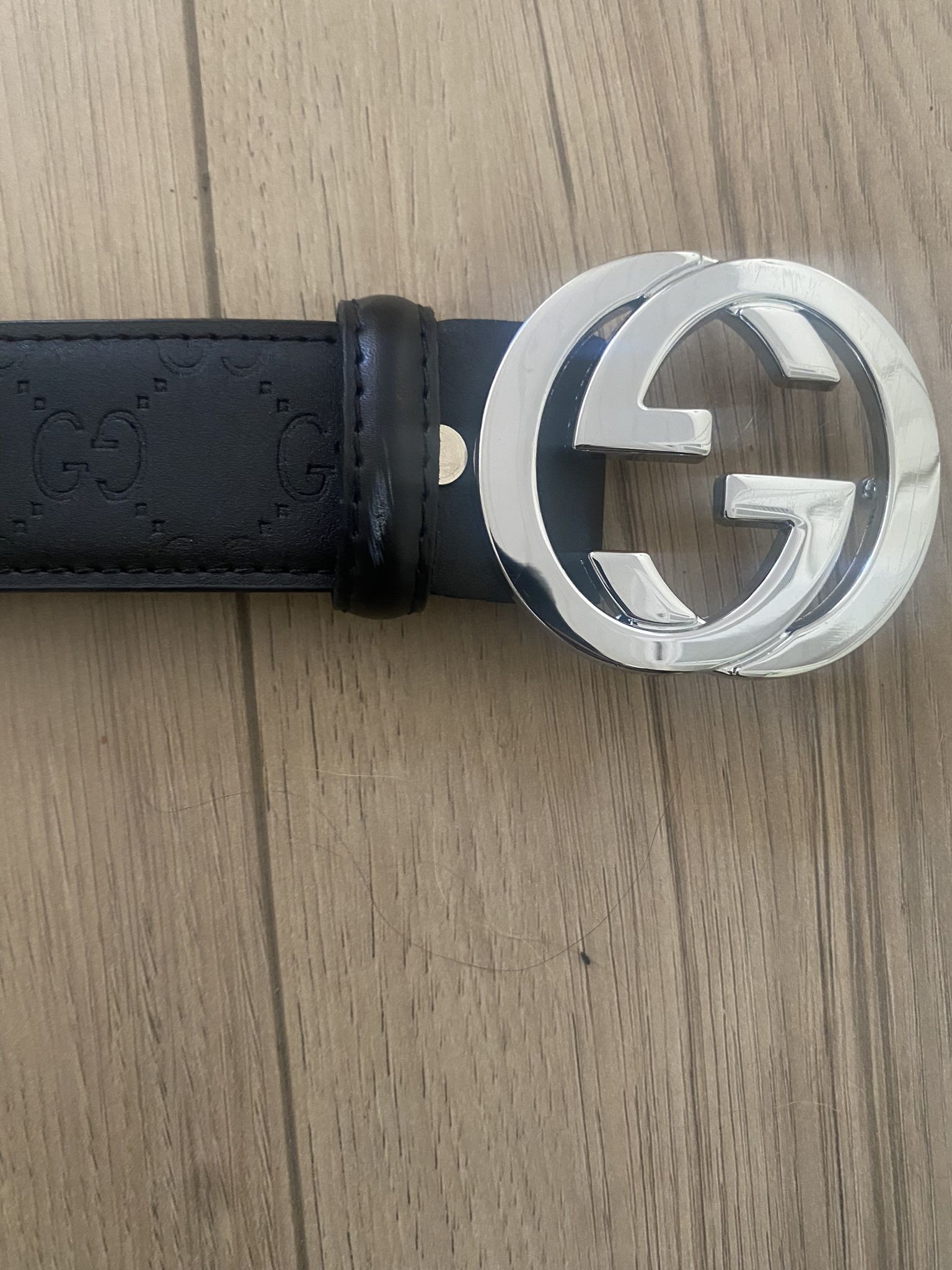 Gucci Signature Embossed Belt, Black Leather, Silver Buckle