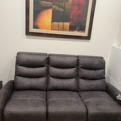 Dark charcoal microfiber 3-seat reclining sofa — tag still attached!  Price: $475 (OfferUp / Facebook Marketplace — same price)  Condition: Very good 