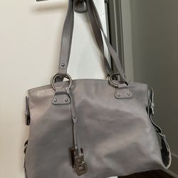 Authentic Vintage DOLCE & GABBANA Gray Blue Leather Shoulder Bag Tote – Leopard Interior Y2K