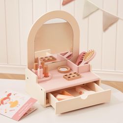 OOOK Wooden Vanity Makeup Table For Kids, Toddler Pretend Play Dressing Table With Mirror & Drawer, Vanity Toy With 10 Pcs Accessories, Gift For Littl