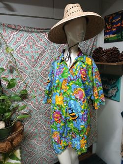 Vintage Malibu Dreams Cotton Fish Print Button Up, Size XL