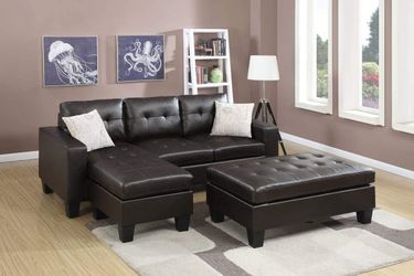 ESPRESSO BONDED LEATHER REVERSIBLE CHAISE SECTIONAL SOFA OTTOMAN