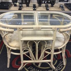 Vintage 1950’s Bamboo Rattan Honeymoon Table & Chairs (Signs Of Wear & Age) Stains In The Chairs, Bottom Leg Of Table Is Chipped