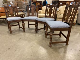 Vintage Wooden Dining Chairs with Geometric Seat Cushions and Carved Wood Detail (Set of 4)