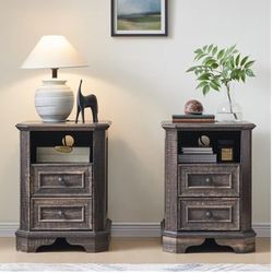 Nightstand Set of 2 with Charging Station, 18" End Table with 2 Drawers, Wood Side Table, Bedside Cabinet for Bedroom, Living Room (Dark Rustic Oak)