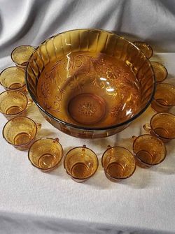 Vintage Tiara Indiana Amber Floral Glass Sandwich Punch Bowl & 12 Cups