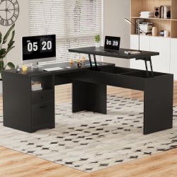 New Lift Top L-Shaped Desk with Charge Station, Corner Standing Desk with File Drawers
