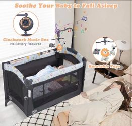 4in 1 Pink Pack and Play, Baby Bedside Sleeper with Bassinet, 3 Adjustable Heights, Music Box, Easy to Install, Foldable Bedside Crib w/Changing Table