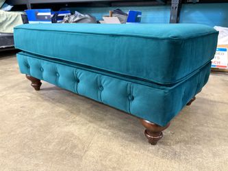 JOYBIRD Royal Peacock Microvelvet Ottoman with Button Tufted Trim and Dark Wood Feet
