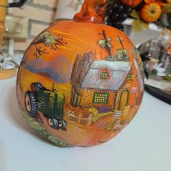 Orange Pumpkin with a Country Cottage and and a Tractor Painting.