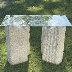 Vintage Magnussen Ponte Postmodern Tessellated Travertine Mactan Column Pedestal Stone And Glass