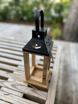 Pumpkin Wood and Metal Lantern Decoration, Black, 12"