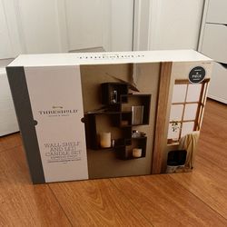NWT Target Threshold Wall Shelf & LED Candle Set Espresso Finish 6 Piece 