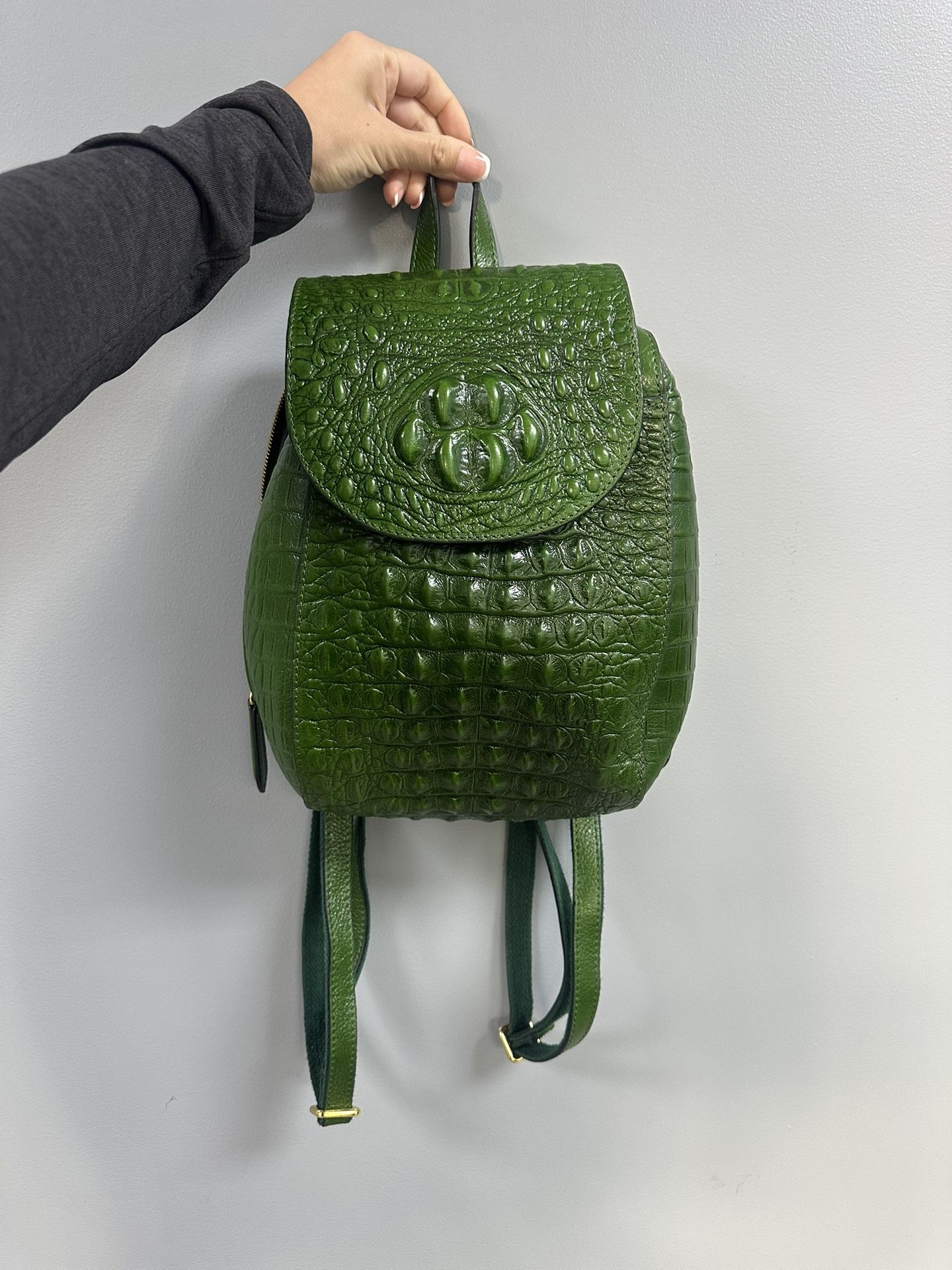Green. Faux Crocodile Backpack. Genuine Cowhide Leather 