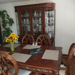 6 Chair Antique Wood Dining Set With China