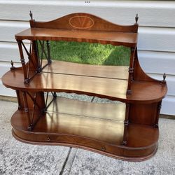 Vtg. Mahogany Hanging Wall Shelf Mirror Back Display 3 Tiered Curio Drawer