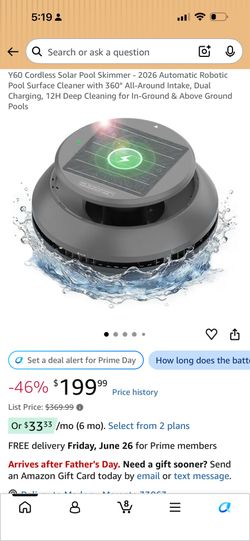 Y60 Cordless Solar Pool Skimmer - 2026 Automatic Robotic Pool Surface Cleaner with 360° All-Around Intake, Dual Charging, 12H Deep Cleaning for In-Gro