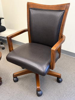 Traditional Executive Swivel Office Chair – Wood Frame & Brown Leather-Look Upholstery