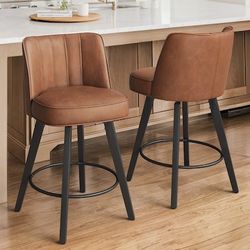 Set Of 2 LUE BONA Brown/Faux leather 26.2-in H Counter height Upholstered Swivel Wood Bar Stool 2
