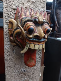 Vintage Balinese dragon tongue hand carved and painted wood mask