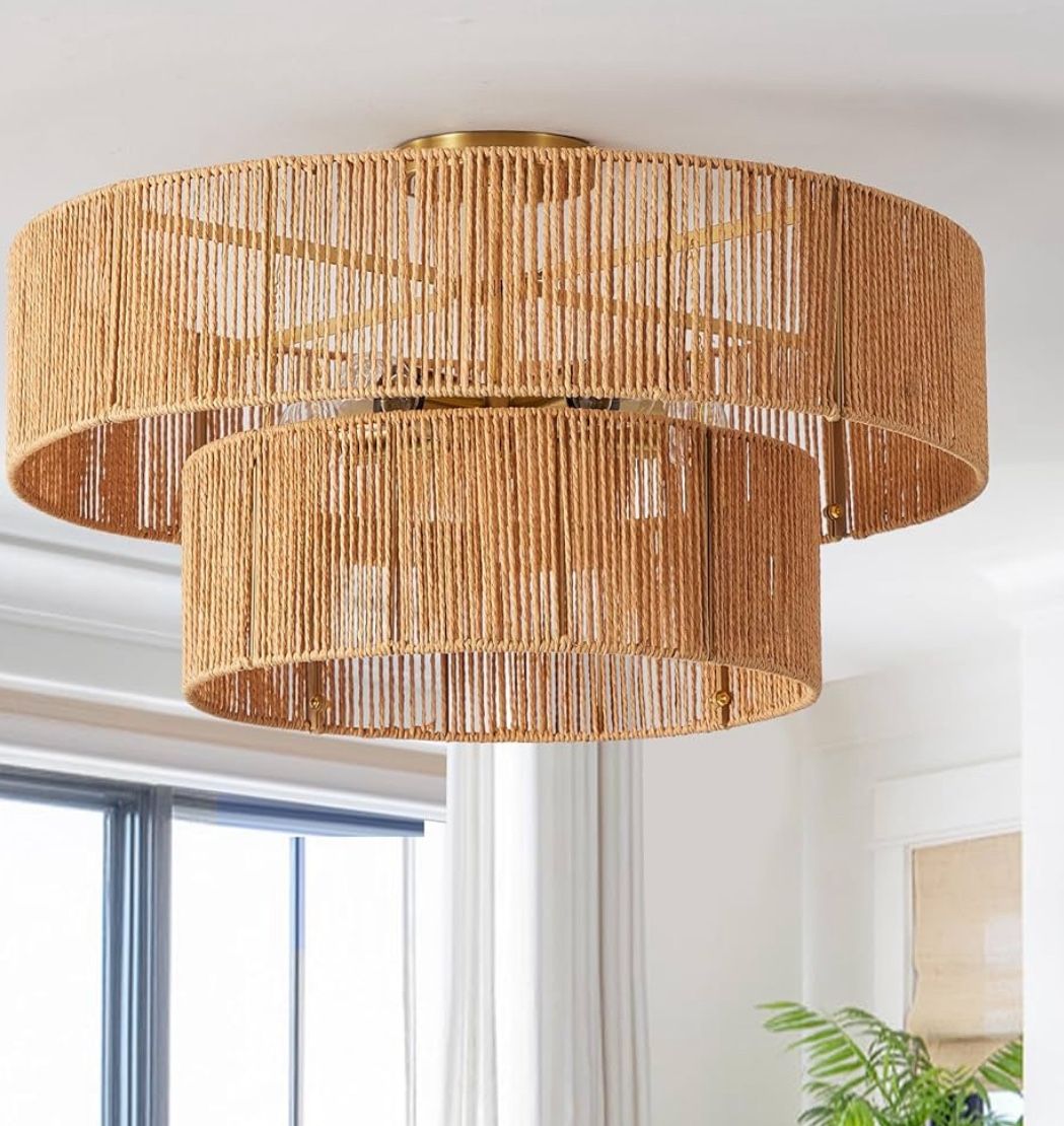 21” Rattan Light Fixtures Ceiling Light? 2-Tier Wicker Boho Chandelier With Hand Woven Brushed Brass Finish Shade For Bedroom Kitchen Entryway