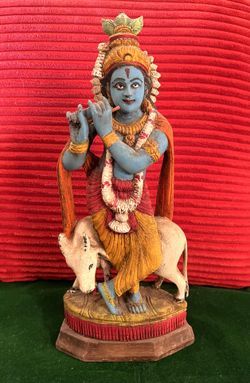 Beautiful, Colorful, Vintage Hand carved Wooden Statue Of Lord Krishna