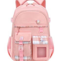 Girls Backpack with Cute Pin Accessories Plush Pendant Kawaii Backpack Cute Aesthetic Backpack for Teens Girls Women Students (Pink)