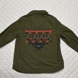 OLIVE GREEN  UTILITY SHIRT JACKET W/ EMBROIDERY ON BACK- SIZE MEDIUM women’s 