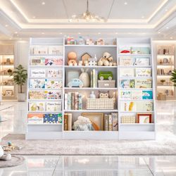 Kids Bookshelf Bookcase with 14 Sling Fabric Shelves, Book and Toy Organizer, B-9