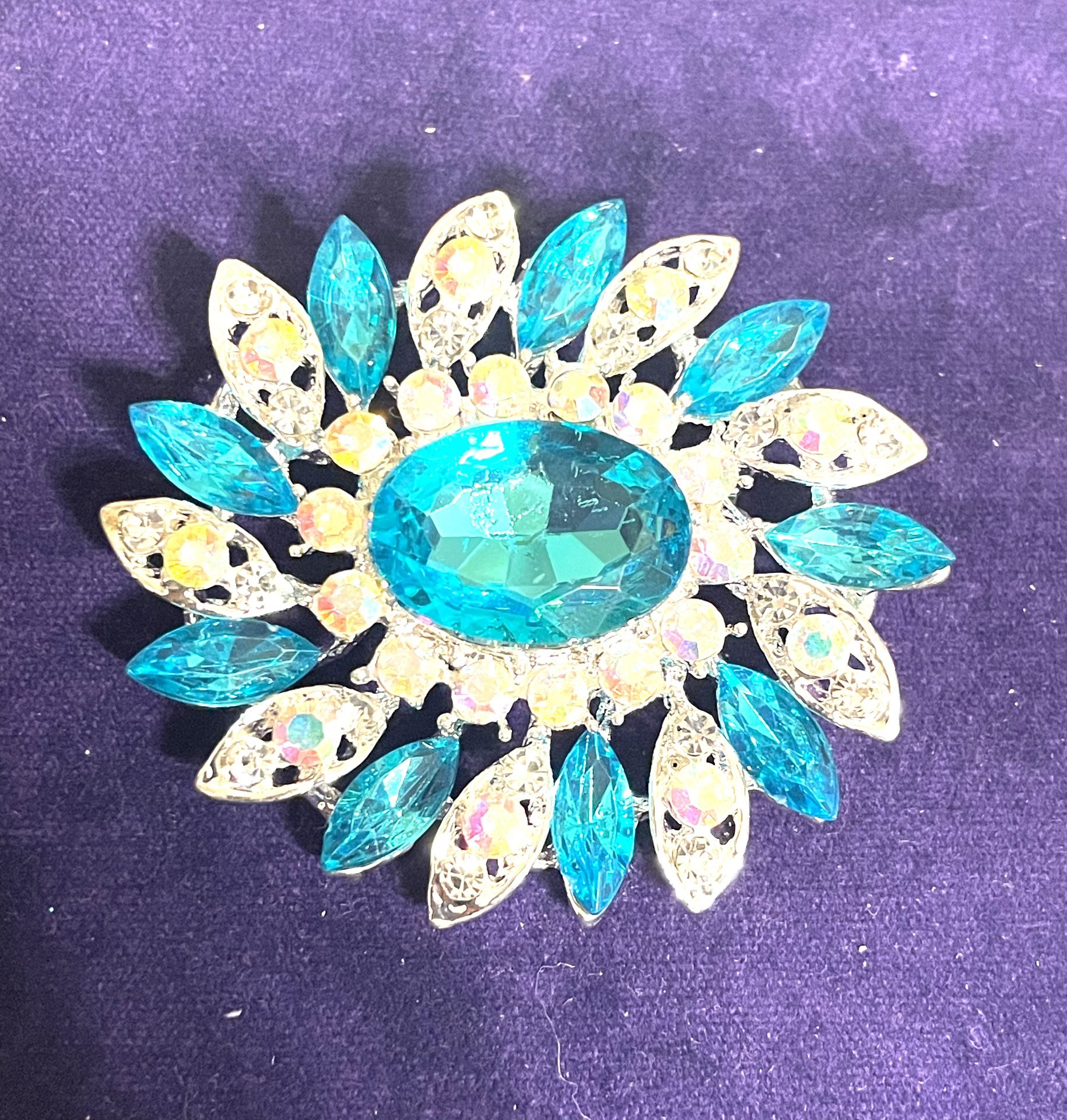 Large Aqua Rhinestone brooch