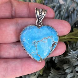 Genuine Turquoise Gemstone Heart 1.8” Silver Pendant#30