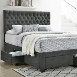 Queen Platform Bed Frame With Drawers In Charcoal Grey