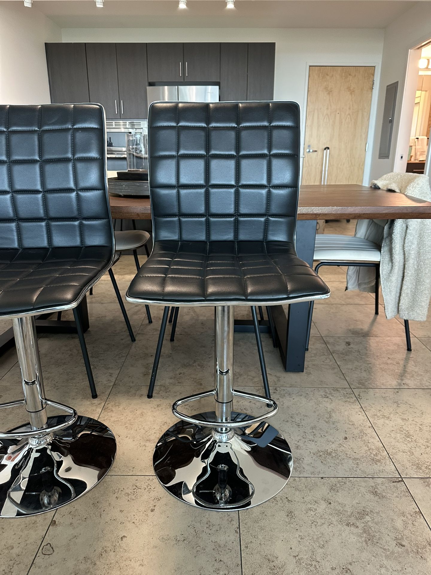 Set of 3 Black Leather Adjustable Bar Stools