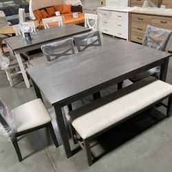Super Deal! 6-Pcs Dining Set, Wooden Dining Set, 4 Chairs , 1 bench with  a Table, Kitchen Furniture, Casual dining room set, Matching Dining Chairs  