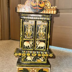 Hand Painted Indian Shrine Cabinet – Vintage Folk Art Puja Box w/ Opening Panels