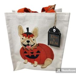13th and Elm Bulldog Halloween pumpkin reusable canvas tote bag Double Sided NEW