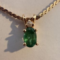 Oval Emerald Pendant W/ .02 Ct. Diamond 14k Yellow Gold 18” Chain