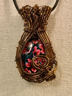 (3) Hand-Crafted Wire-Wrapped Pendant. Bronze Wire/Floral Cabochon. 