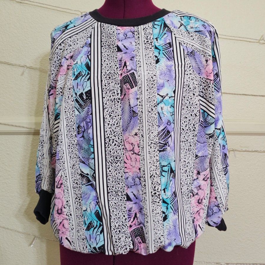 Vintage 1980's Teddi Brand Floral Multicolor Blouse Top 25.25" x 26" ~XL