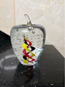 Large Clear Glass Paperweight with Striking Red , Yellow and Black Spiral Core 5” H