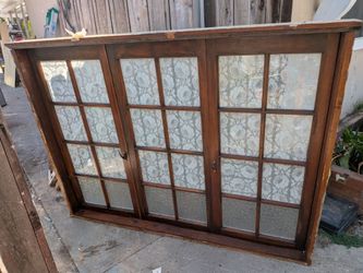 Vintage  wooden triple panel window frame with 18 glass window panes