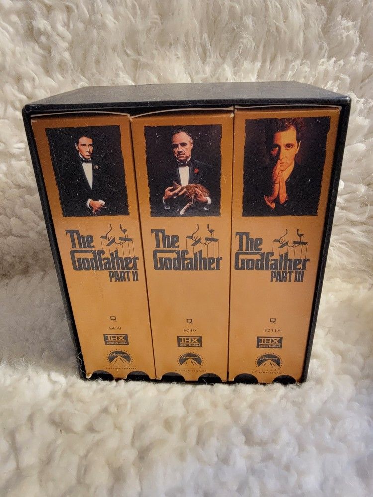 VHS box set of The Godfather Trilogy, including The Godfather, The Godfather Part II, and The Godfather Part III
