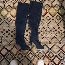Denim Knee High Open Toe Heels Sz 10