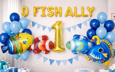 Ofishally One Birthday Balloon Set Fish Theme Blue Ocean Party Decor