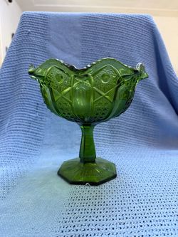 Green Pressed Glass Pedestal Compote Bowl